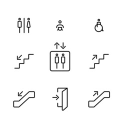 Public building universal symbols. Black icon set. Information vector sign set. Way finding system signboard minimalist icon. Illustration 8 eps editable.