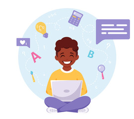 Black boy studying with computer. Online learning, back to school concept. Vector illustration