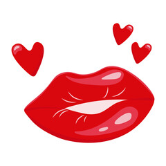 Bright greeting card with lipsand hearts. Lip prints send hearts. Air kiss. World Kissing Day symbol or icon. Template for postcards, banners, printing. Vector isolated illustration.