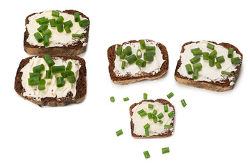 Brown bread and cheese isolated on white background.