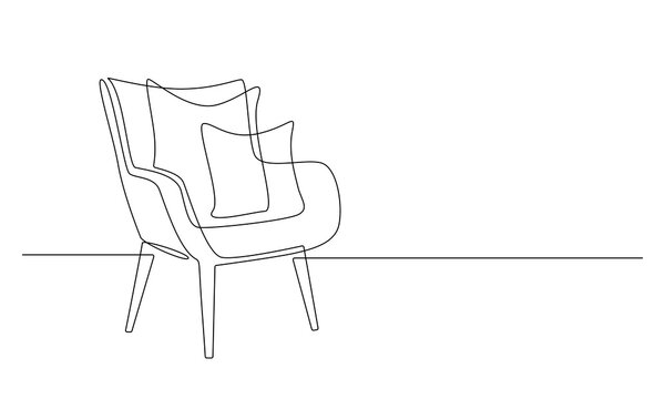 recommend clip art: One continuous line drawing of armchair with pillows. Stylish scandinavian furniture in simple linear style. Editable stroke Vector illustration