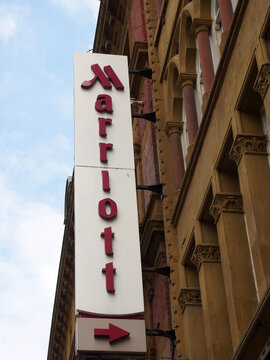 leeds, west yorkshire - 17 June 2021: sign above the entrance to the marriott hotel on boar lane in Leeds