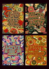 Love and Flowers, 1960s Hippie Art Style Floral Psychedelic Backgrounds and Patterns