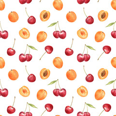 Apricots and cherries hand painted in watercolor; seamless pattern on white isolated background. Fresh and juicy summer artwork for fabric, home decor, wallpapers, stationery and more. 