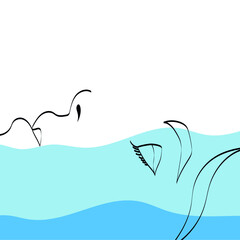 Surreal face relax on the water. Abstract art. Contemporary portrait. Minimalist fine line graphic. Vector illustration.