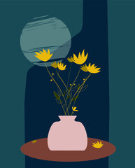 Still life flowers under the moon. Graphic illustrations art for wall decoration, postcard or brochure cover design. 