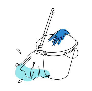recommend clip art: Bucket, mop and rubber gloves one line art icon. Cleaning instrument kit vector linear Logo. Outline hand drawn silhouette. Contour illustration Isolated on white background. 
