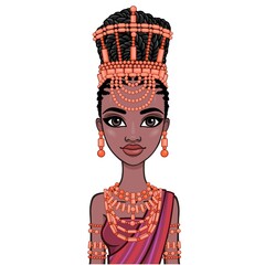 Animation portrait of the beautiful  black woman in a traditional ethnic jewelry. Princess, Bride, Goddess. Color drawing. Vector illustration isolated on a white background.Template for use.
