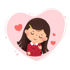 Vector illustration cartoon of a little girl hugging herself on pink heart background. Love yourself concept.