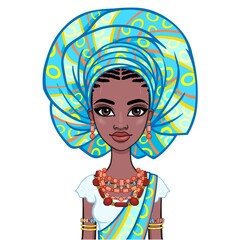 Animation portrait of a young African woman in a turban and ethnic jewelry. Template for use.  Vector illustration isolated on white background.