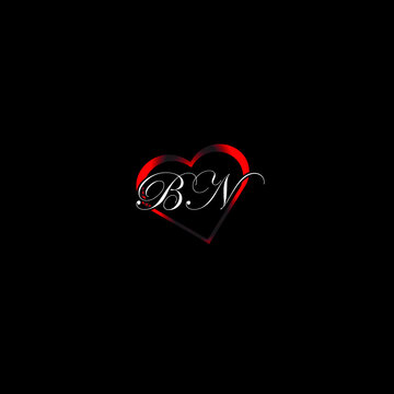 BN letter logo.BN letter with red love shape.Black background on the heart icon.love shape.heart shape.
