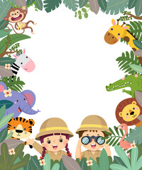 Obraz na płótnie Canvas Template for advertising brochure with cartoon of girl and boy holding binoculars in safari clothes with animals in tropical leaves