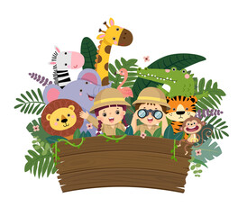 Vector illustration cartoon of kids and wild animals with empty wooden sign.
