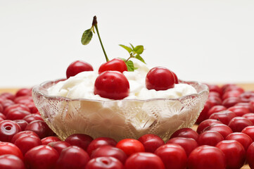 Cherry desert, sour cherries compote, jar of fruit.