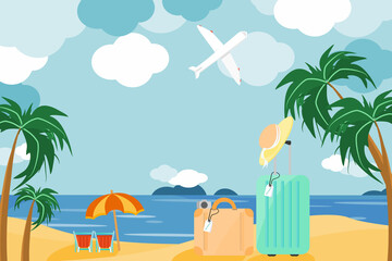 travel luggage on sand with sea and beach chair background with summer vacation at thailand after...