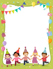 Obraz na płótnie Canvas Template for with cartoon of happy kids holding hands for invitation or birthday party card.