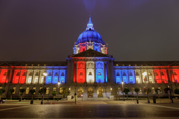 San Francisco City Hall lit up for 4th of July on foggy summer night.  San Francisco, California,...