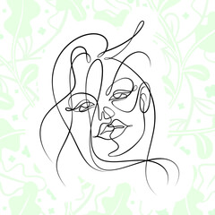 International Women's Day minimal design line drawing style. Portrait of young woman beauty face isolated on pastel leaf background. Vector for Spa, fashion, hairdressing and beautiful artwork design.