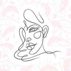 International Women's Day minimal design line drawing style. Portrait of young woman beauty face isolated on pastel leaf background. Vector for Spa, fashion, hairdressing and beautiful artwork design.