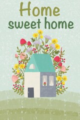 A cute little house surrounded by forest flowers. A postcard, a drawing in the style of a children's illustration. - 443269152