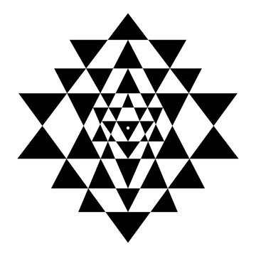 Triangles of Shri Yantra, also called Sri Yantra or Shri Chakra. Forty three black triangles of a mystical Hindu diagram, with the central point Bindu, that represent the center of the cosmos. Vector.