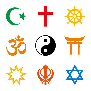 World religions, nine colored symbols of major religious groups and religions. Islam, Christianity, Buddhism, Hinduism, Taoism, Shinto, Bahai Faith, Sikhism and Judaism. Isolated illustration. Vector.