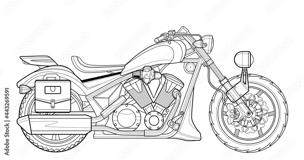 Wall mural classic motorcycle vector illustration coloring page for adults for drawing books. line art picture.