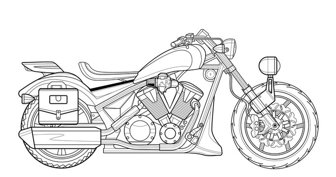 Classic motorcycle vector illustration coloring page for adults for drawing books. Line art picture. High speed vehicle. Graphic element. Black contour sketch illustrate Isolated on white background