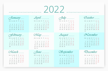 2022 Calendar in English on background with checker pattern. 12 months. Horizontal Simple and clean designe Vector editable template