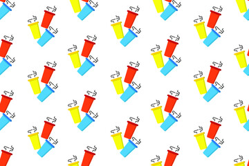 Seamless pattern with cups of coffee illustrations on white background. Autumn and winter mood. Home decorations isolated on white background.