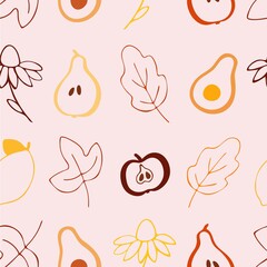 Seamless background on the theme of fruits and vegetation. Delicate pattern in pastel colors. Vector illustration. Stylish idea for the design of textiles, wrappers, postcards