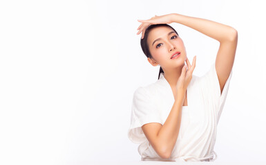 Happy beautiful girl touching her beauty face with natural make up looking to camera Pretty asian woman clean fresh skin Expressive facial expressions Cosmetology beauty and Spa concept, copy space