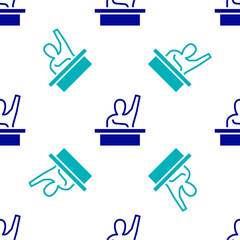 Blue Active male kid raising hand answering to teacher question icon isolated seamless pattern on white background. An elementary student raises his hand. Vector