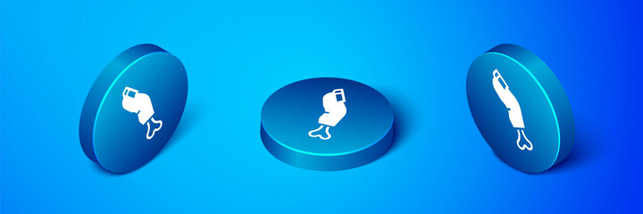 Isometric Scary horrible zombie finger icon isolated on blue background. Happy Halloween party. Blue circle button. Vector