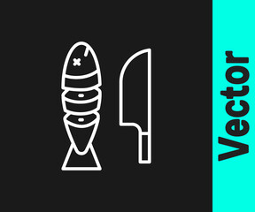 White line Fish with sliced pieces with knife icon isolated on black background. Vector