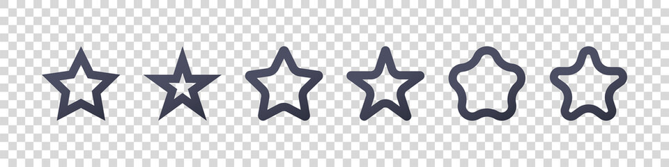 Set Of Star Icons. Grey Shapes Outline Style Decorative Stars isolated on Transparent Background. Flat Vector Illustration Design Template Elements.