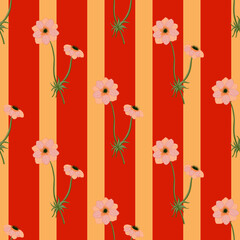 Obraz premium Summer seamless pattern with cute pink anemone flowers shapes. Red and orange striped background.