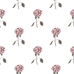 Decorative seamless pattern with doodle pink hydrangea flower ornament. White background.