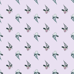 Pastel tones seamless pattern with little iris flower ornament. Light background. Botanic backdrop.