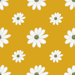 Summer season seamless pattern with simple white daisy flowers ornament. Yellow background. Nature print.