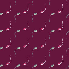 Abstract seamless botanic pattern with little poppy bud silhouettes shapes. Pink dark background. Floral style.