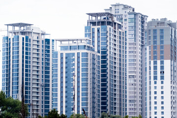 High apartment buildings or skyscrapers in a new elite complex.