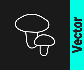 White line Mushroom icon isolated on black background. Vector