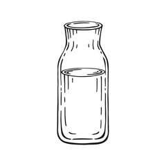 Bottle of milk or water isolated on white background. Hand drawn black and white vector illustration.
