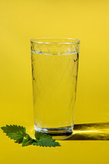 Fresh mint still water on a yellow background with mint leaves.