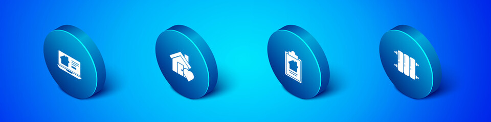 Set Isometric Online real estate house, House contract, Heating radiator and with heart shape icon. Vector