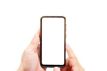 Isolated hands and smartphone on white background.