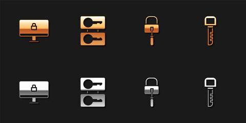 Set Lock on computer monitor, Casting keys, picks for lock picking and Key icon. Vector
