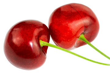 Two sweet cherries close up isolated on a white background.