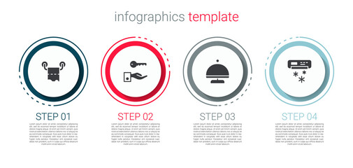 Set Toilet paper roll, Hotel door lock key, Covered with tray and Air conditioner. Business infographic template. Vector